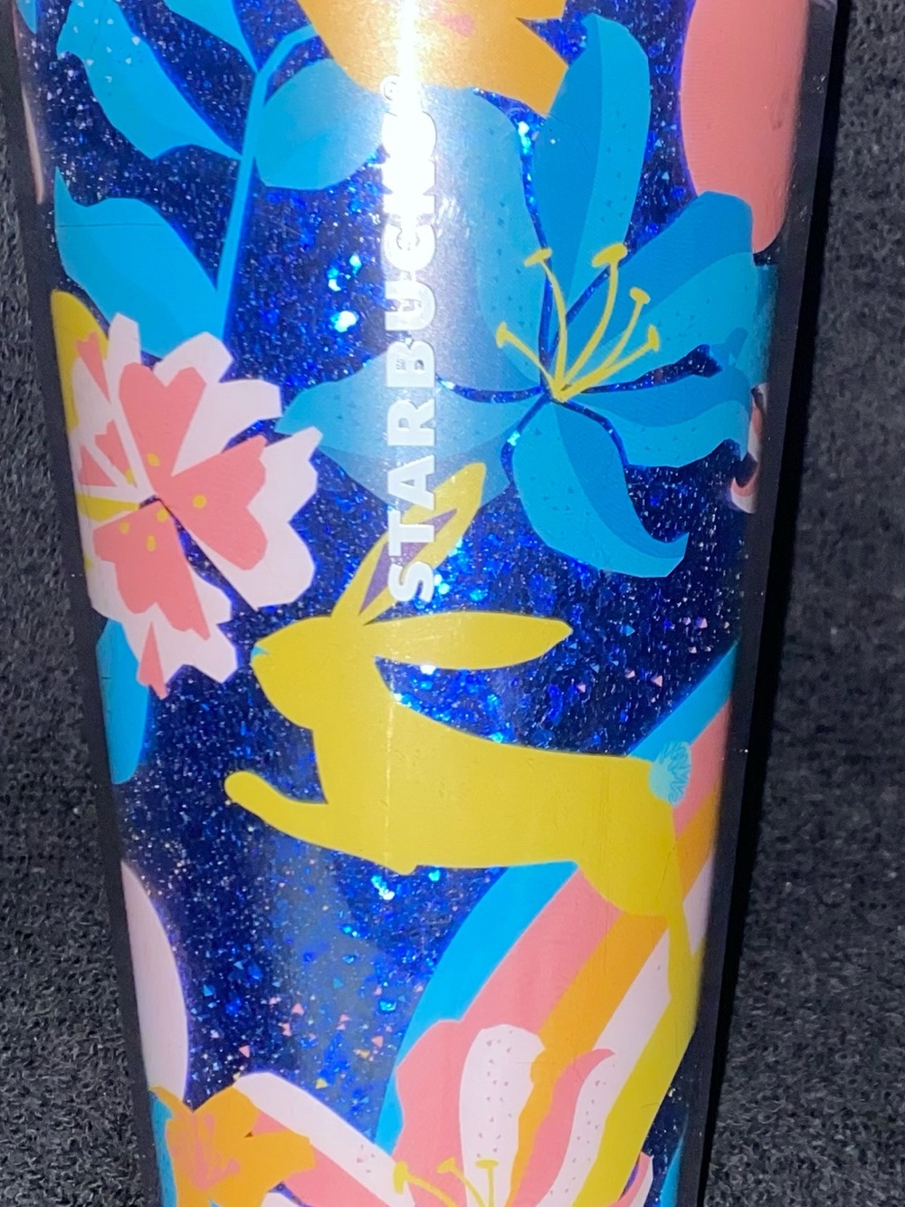 Starbucks Blue Sparkle Tumbler with Yellow Bunny & Pink Floral Accents
